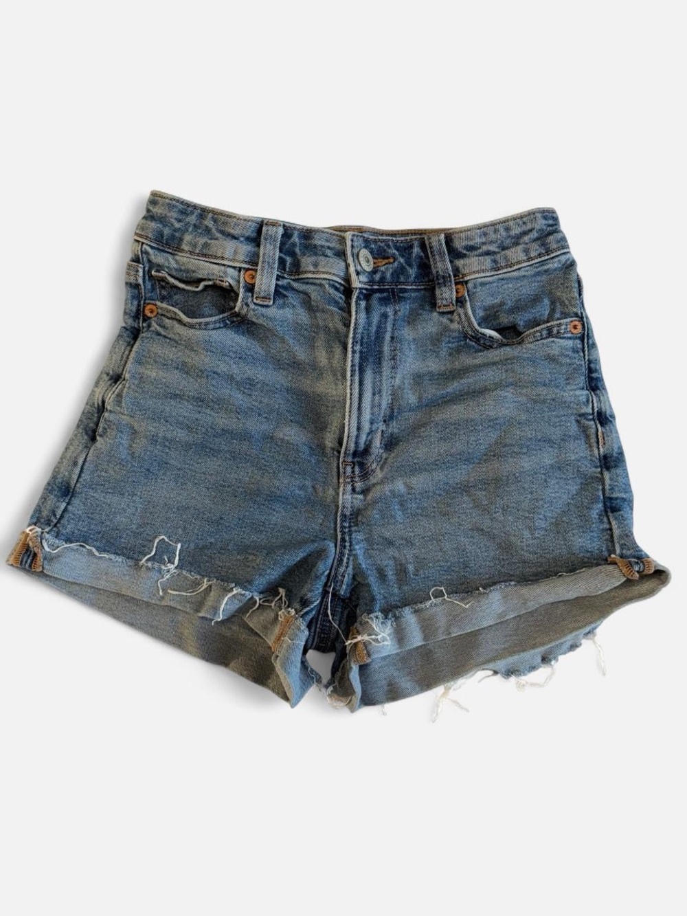 American Eagle High Rise Distressed Denim Mom Shorts Size 0 Medium Wash Stretch